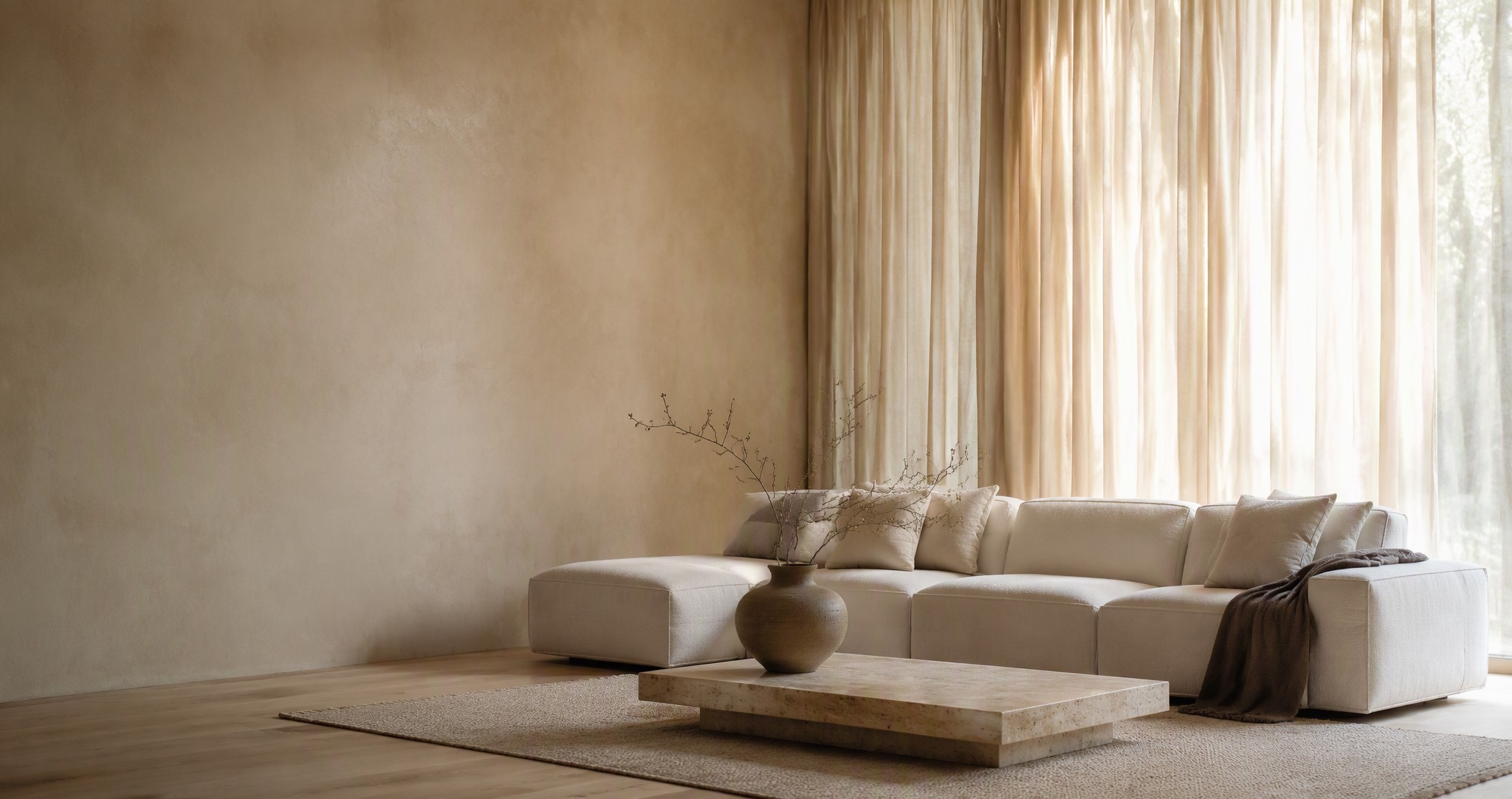 Low-profile modular sofa in a warm neutral living room